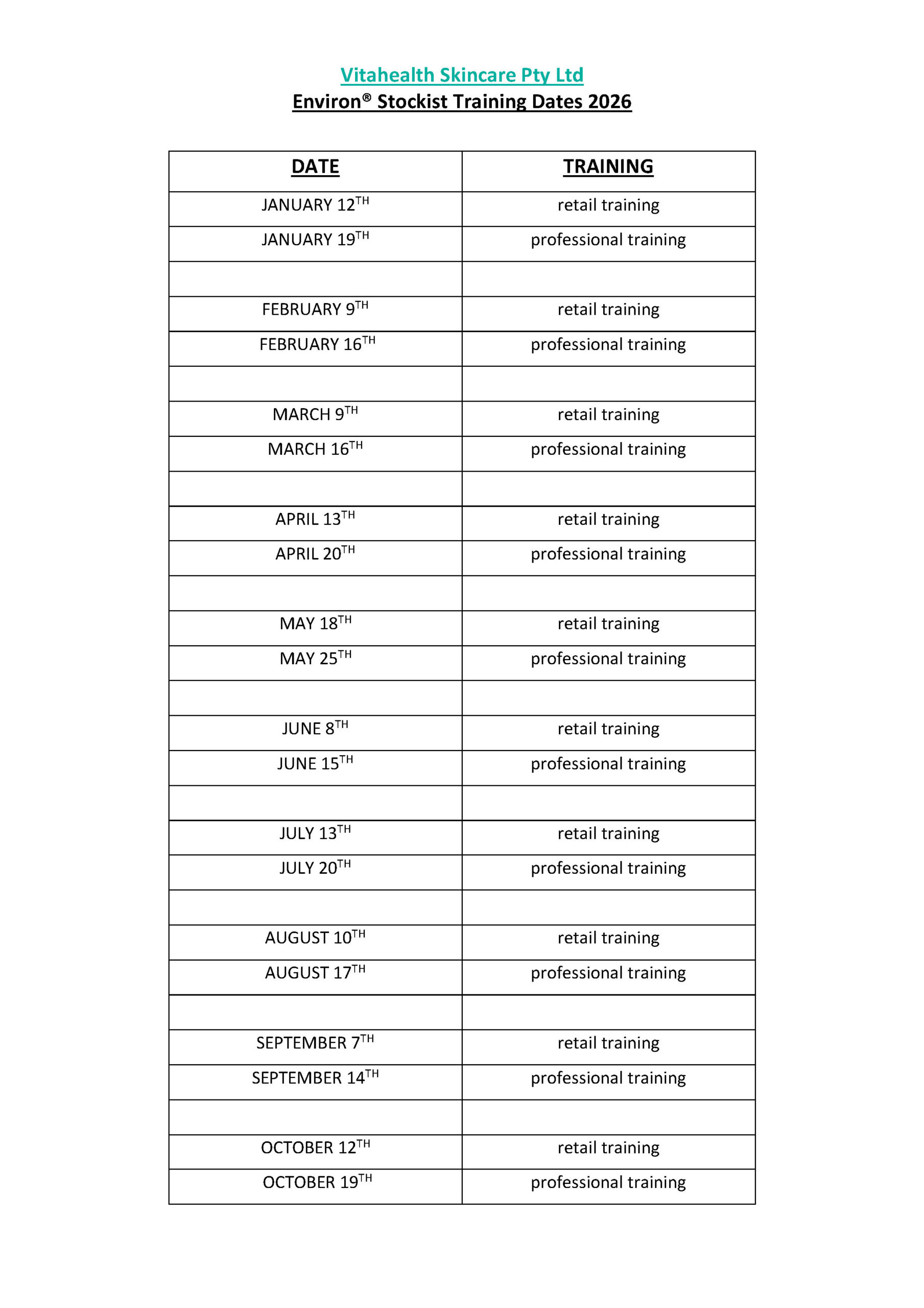 Environ Training Dates 2026